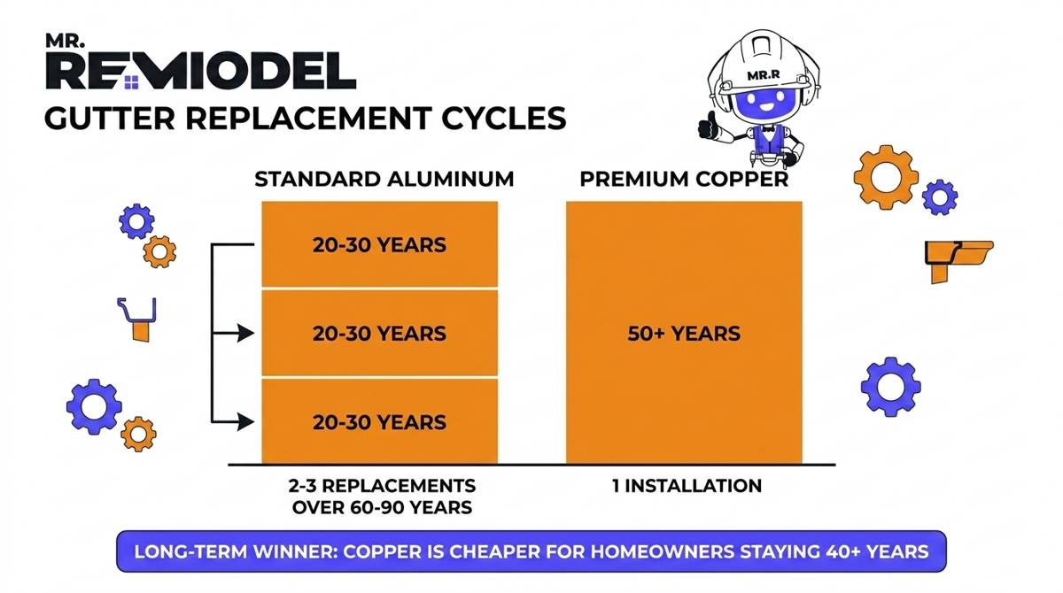 A 2026 gutter durability infographic comparing the 20-year aluminum lifespan to the 50-year copper lifespan.